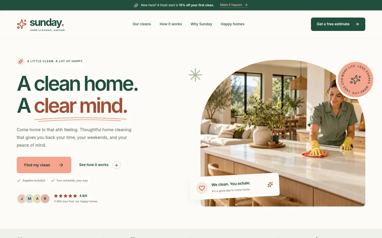 Homepage of Sunday, a demo website for a home cleaning business